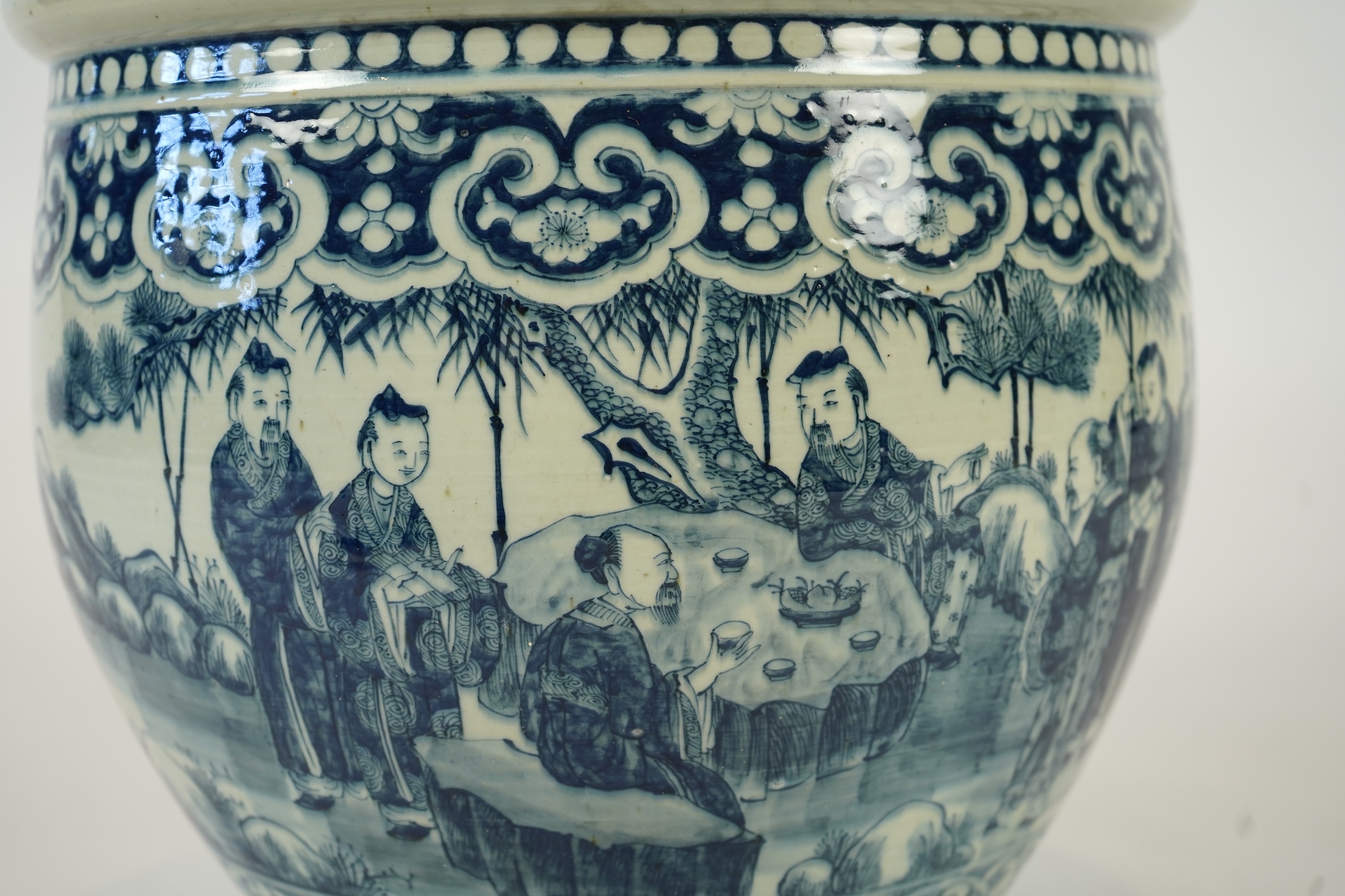 A large Chinese blue and white ‘sages’ fish bowl, early 20th century